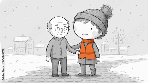 A tender moment between a grandparent and a grandchild amidst a snowy scene