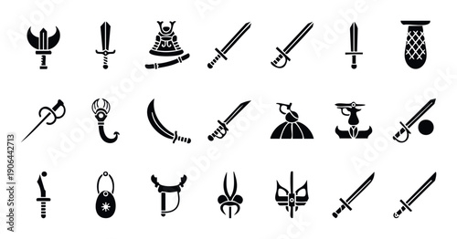 A diverse collection of historical weapon silhouettes including various swords, daggers, and ancient armor icons, ideal for gaming interfaces, educational infographics, and medievalthemed