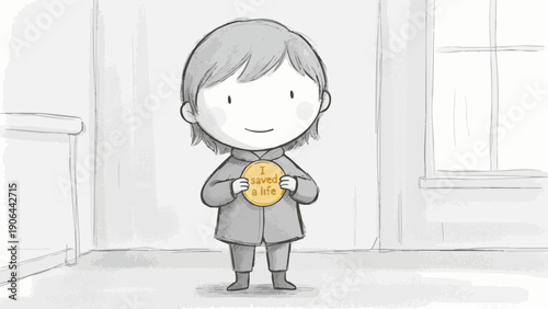 A heartwarming sketch featuring a child holding a badge with the inscription I have a big idea