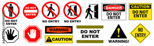 No Entry Safety Sign Icons Set with Warning and Caution Symbols