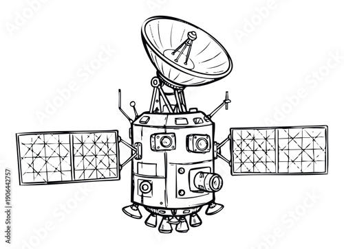 Detailed hand drawn sketch of an orbiting satellite with solar panels and communication dish perfect for scientific publications educational materials and space exploration themed projects