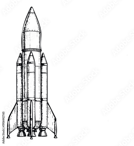 Classic hand drawn rocket standing ready for space travel and interstellar exploration representing scientific progress and future ambition for educational content