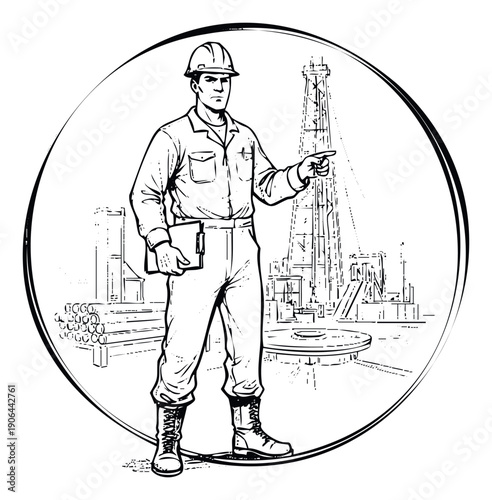 A professional oil rig worker in a hard hat and uniform holds a clipboard while pointing at an oil drilling site, perfectly representing energy industry operations, safety, and project