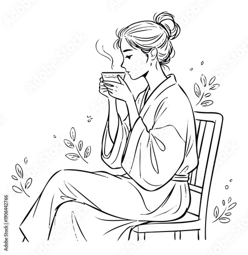 A serene Asian woman in a traditional kimono savoring a hot cup of tea while seated on a chair, perfect for cultural lifestyle and relaxation media
