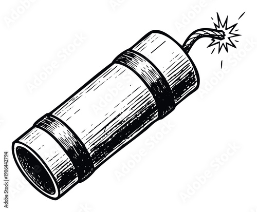 Hand drawn vintage style dynamite with burning fuse symbolizing explosion power and risk suitable for illustrating conflict resolutions or urgent deadlines