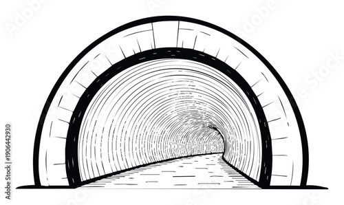 Tunnel entrance perspective sketch drawing with vanishing point for architectural, infrastructure, or journey themed visual assets