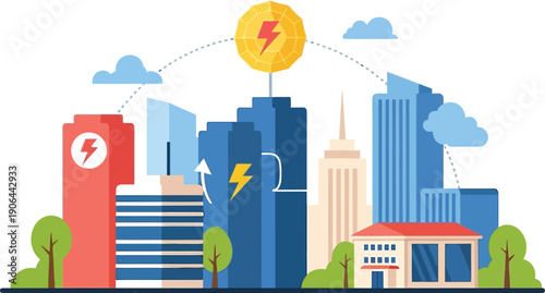 Urban cityscape demonstrating energy distribution and power flow in a smart grid system across modern buildings