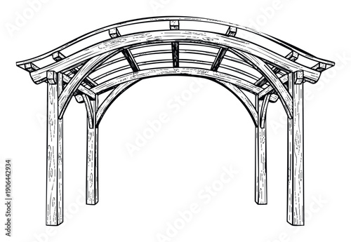 Classic wooden garden archway for landscape design projects, providing an inviting entryway, or supporting climbing plants in various outdoor living and naturethemed applications.