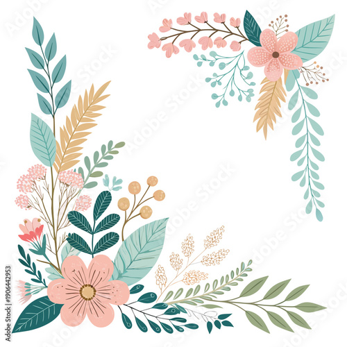 Floral corner arrangement of pastel flowers and leaves in a decorative frame, viewed from directly above