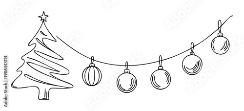 Minimalist black line drawing of a Christmas tree with a star topper and a string of festive baubles, perfect for holiday greeting cards and winter season marketing materials