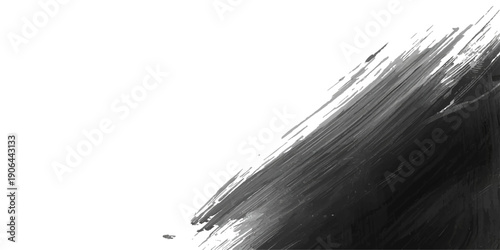 Abstract black paint brush strokes and watercolor ink splashes create a grunge texture pattern with a nature landscape feel isolated on a white background