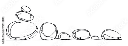 Minimalist line drawing showcasing balanced smooth stones in a serene arrangement, ideal for wellness publications, spa branding, or tranquil home decor projects.