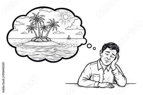 Bored man imagining a relaxing tropical island getaway with palm trees, ocean waves, and sunshine, suitable for themes of escape, stress relief, or vacation planning.