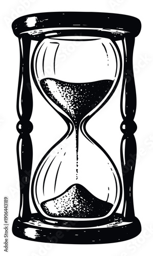 Hand drawn hourglass with sand actively falling, representing the continuous flow of time and impending deadlines, suitable for educational content, spiritual topics, or planning resources.