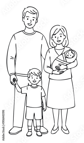 A happy family featuring a father, mother holding a baby, and a smiling son holding hands, ideal for depicting parental love, childhood joy, and strong family bonds in various projects.