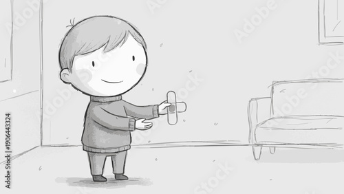 A young child holding a wooden toy airplane in a cozy living room, captured in a heartwarming sketch style.
