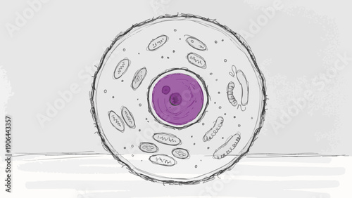 Close-up illustration of a human cell with nucleus, various organelles
