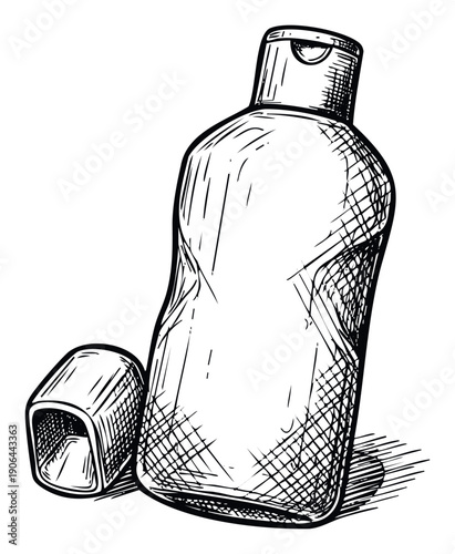 Detailed line drawing of a generic plastic bottle for shampoo or lotion with its cap off, ideal for packaging design, hygiene product presentations, or beauty industry visual assets.