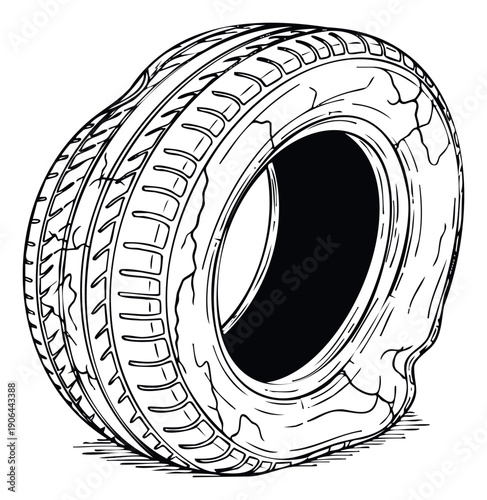 Detailed outline artwork of a discarded flat wornout car tire with cracked rubber texture, ideal for environmental awareness campaigns, automotive industry blogs, or urban decay themed
