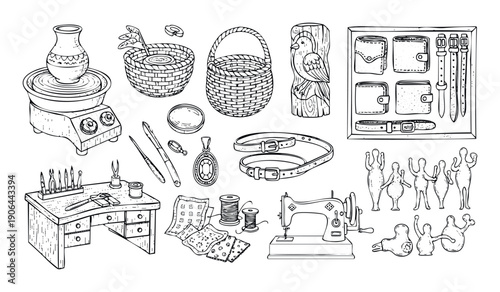 Detailed assortment of artisan craft supplies and finished products showcasing ceramic pottery, wicker baskets, carved wooden figures, leather goods, handcrafted jewelry, and sewing