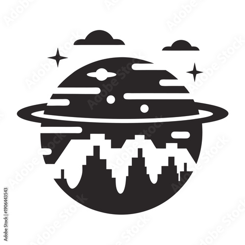 Monochrome pixel art alien planet scape with UFO, retro science fiction illustration.
