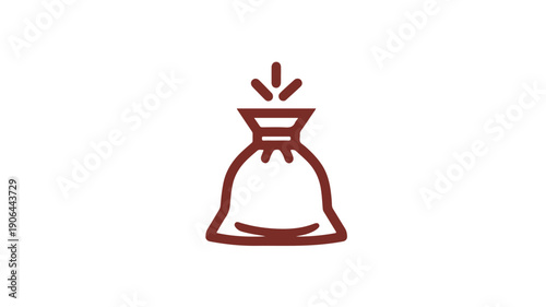 Minimalist brown line icon of a sack of flour with powder spilling out on white background for baking and cooking themes