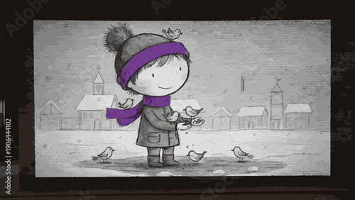 A heartwarming illustration of a little girl happily feeding birds in the winter, showing the joy of kindness