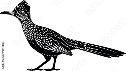 Black and White Greater Roadrunner Bird Side View Illustration Isolated on White Background for Wildlife and Nature Design Projects