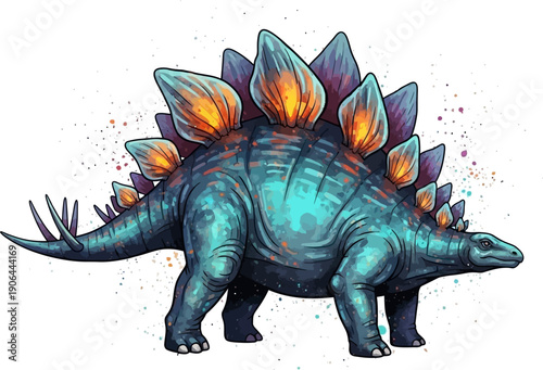 Stegosaurus Dinosaur with Glowing Spikes Isolated on White Background