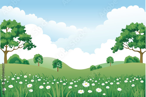 A peaceful landscape features rolling green hills fluffy clouds and blossoming wildflowers