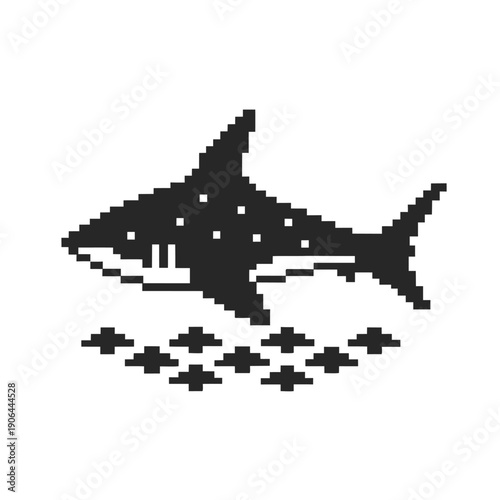 Vector silhouette of a pixel shark in black and white water