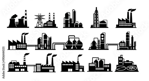 Collection of Industrial Factory Silhouettes with Smoke Stacks.