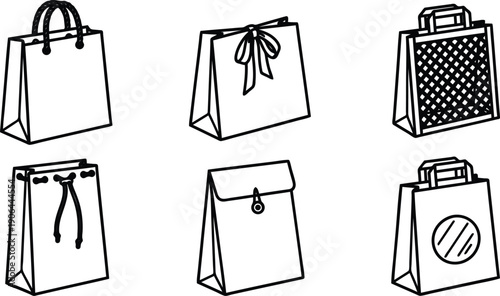 Collection of various shopping bags with different handles and designs in a simple line art style on a transparent background