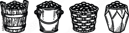 Four different wooden and wicker buckets filled with potatoes  rustic containers for storing vegetables  farm tools and equipment