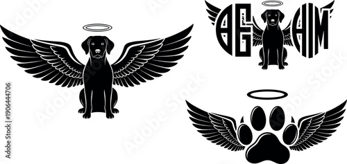 Collection of Silhouette Angel Dog with Wings and Halo, Memorial Paw Print, and Typographic Design for Pet Lovers Vector Illustration.