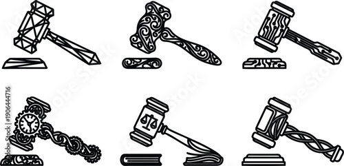 Various gavel and sound block icons in different designs and styles for legal or auction concepts  isolated on transparent background