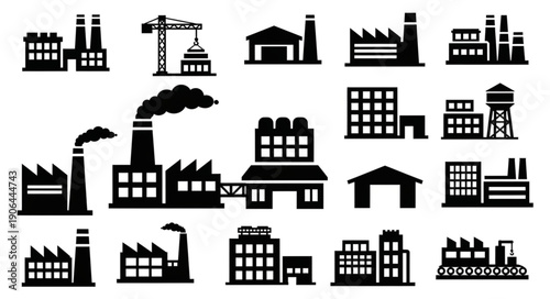 Collection of Industrial Factory Building Silhouettes.