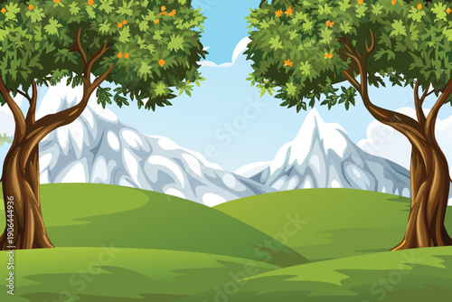 A picturesque landscape features orange trees framing distant snow capped mountains high quality