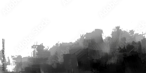 A silhouette of urban architecture towers over the downtown city skyline as a golden orange sunset glows through thick fog and clouds across the horizon