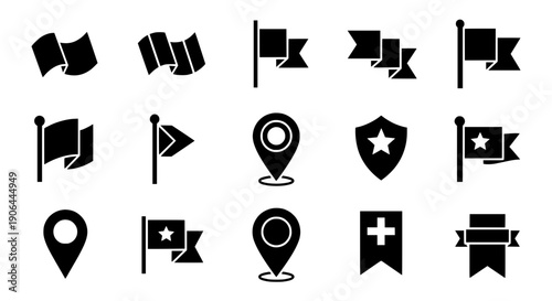 Minimal flag icon set black vector modern waving symbols