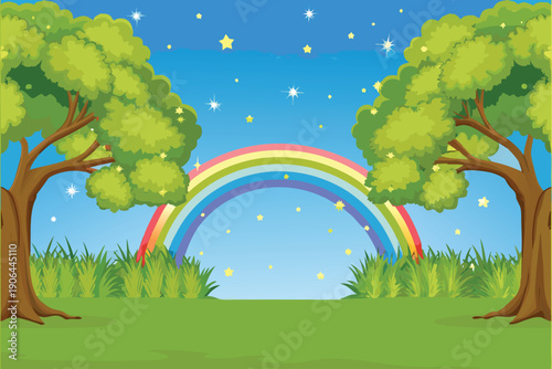 A vibrant rainbow arcs over a lush green landscape with silhouetted trees