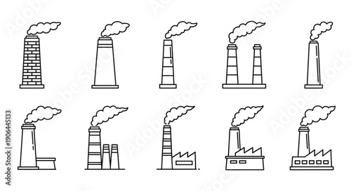 Collection of Industrial Factory Chimneys Emitting Smoke.
