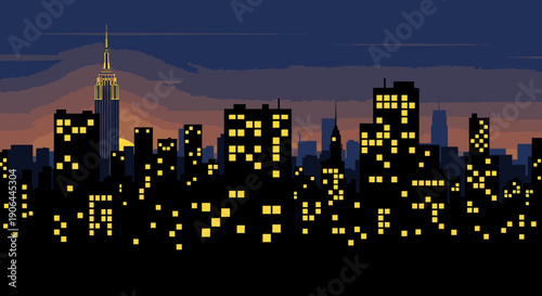 A vibrant, retro-inspired pixel art cityscape glows under the dark night sky, showcasing illuminated windows of towering buildings in an urban panorama.