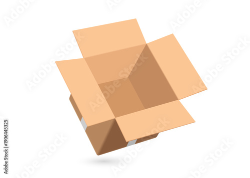 virtual brown cardboard box or parcel box is opened to reveal an empty interior lying on a white background, vector 3d illustration isolated for industry packs products into boxes, delivery concept