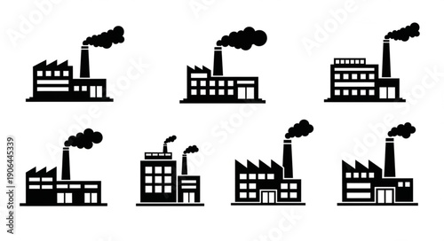 Collection of Industrial Factory Silhouettes Emitting Smoke.