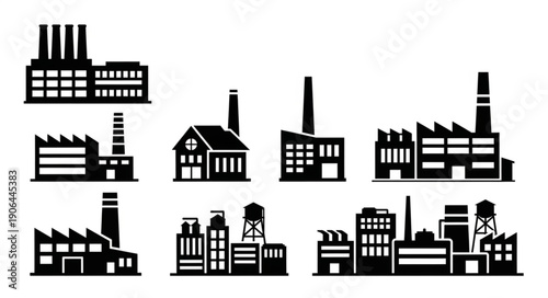 Collection of Industrial Factory Silhouettes on White Background.