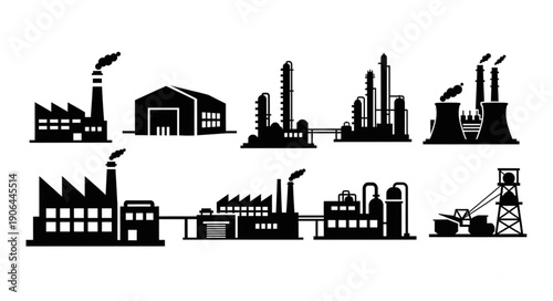 Collection of Industrial Factory Silhouettes with Smoke Stacks.