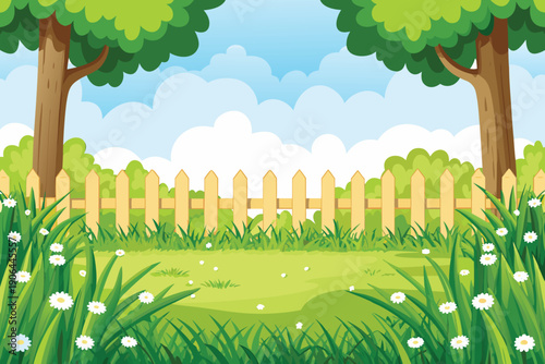 A cheerful cartoon illustration depicts a bright green landscape with trees high quality