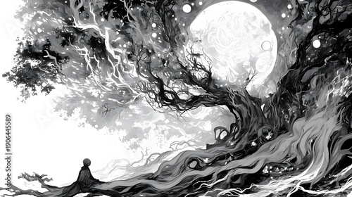 magical tree glowing black and white sketch