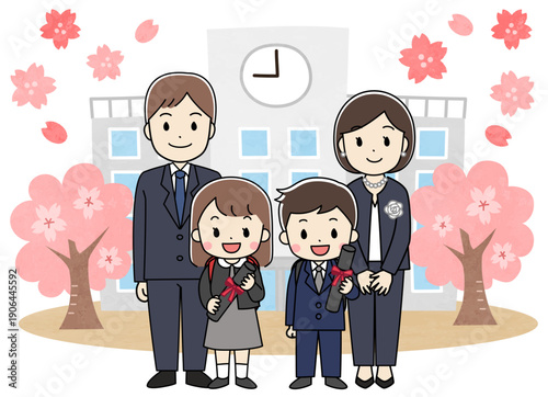 小学校の卒業式に行く父母と子供たちのイラスト